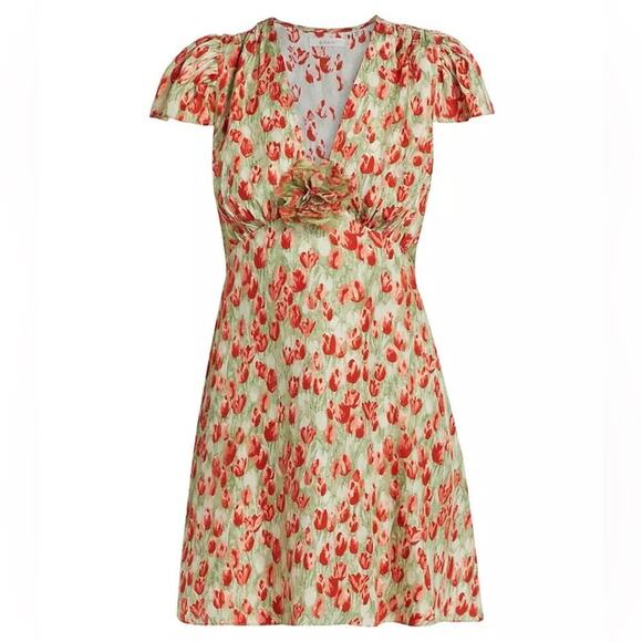 NWT Doen Kelsea Silk Rosette Floral V-Neck Short Sleeve Mini Dress Tulip Fields - Picture 1 of 16